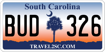 SC license plate BUD326