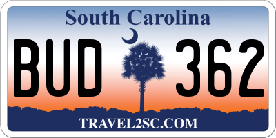 SC license plate BUD362