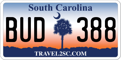 SC license plate BUD388