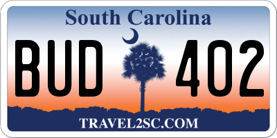 SC license plate BUD402
