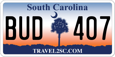 SC license plate BUD407