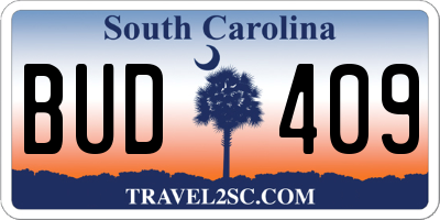 SC license plate BUD409