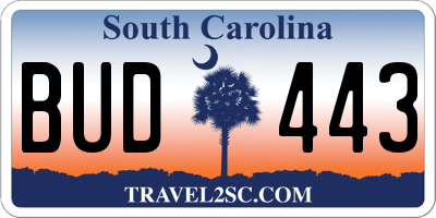 SC license plate BUD443