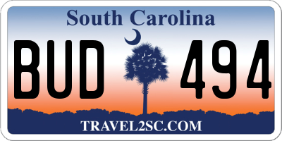 SC license plate BUD494