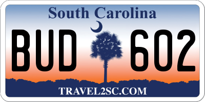 SC license plate BUD602