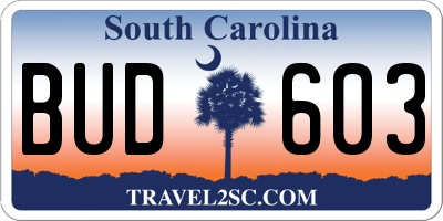 SC license plate BUD603