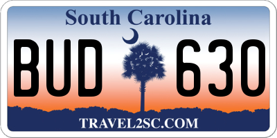 SC license plate BUD630