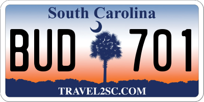 SC license plate BUD701