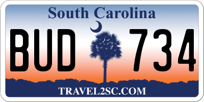 SC license plate BUD734