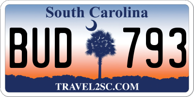 SC license plate BUD793