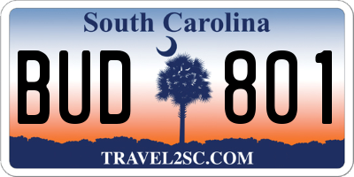 SC license plate BUD801