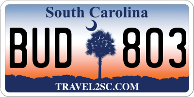 SC license plate BUD803