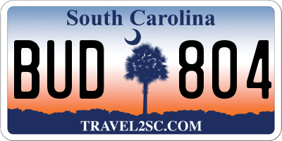 SC license plate BUD804