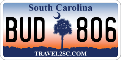 SC license plate BUD806