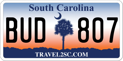 SC license plate BUD807