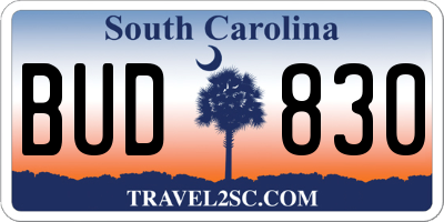 SC license plate BUD830