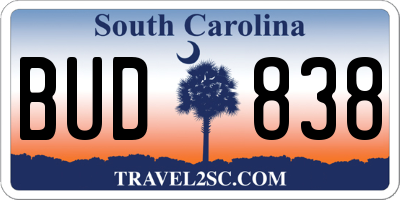 SC license plate BUD838