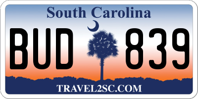 SC license plate BUD839