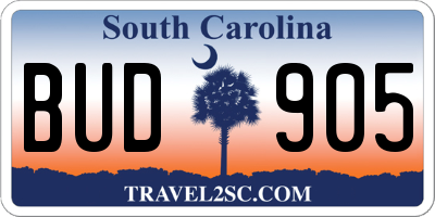 SC license plate BUD905