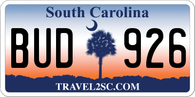 SC license plate BUD926
