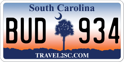 SC license plate BUD934