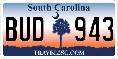 SC license plate BUD943