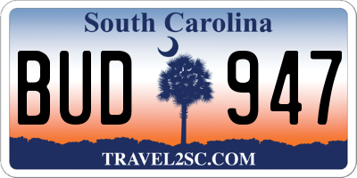 SC license plate BUD947