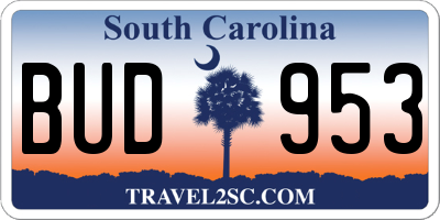 SC license plate BUD953
