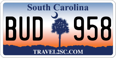 SC license plate BUD958
