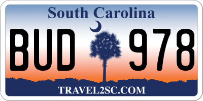 SC license plate BUD978