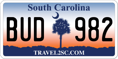 SC license plate BUD982