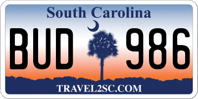 SC license plate BUD986