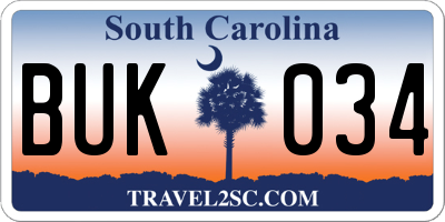 SC license plate BUK034