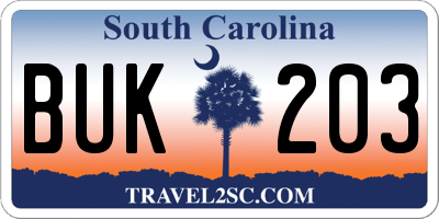 SC license plate BUK203