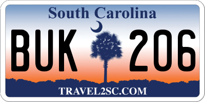 SC license plate BUK206