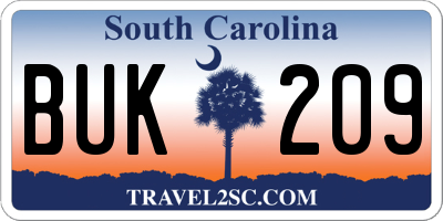 SC license plate BUK209