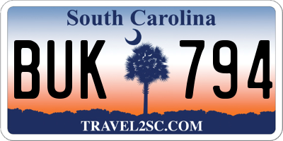 SC license plate BUK794