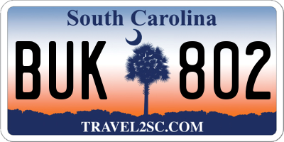 SC license plate BUK802