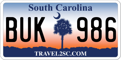 SC license plate BUK986