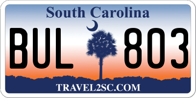 SC license plate BUL803
