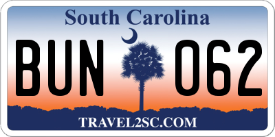 SC license plate BUN062