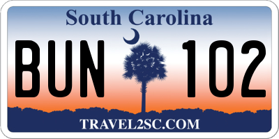 SC license plate BUN102
