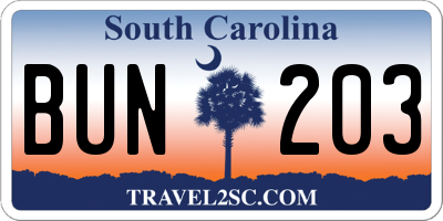 SC license plate BUN203