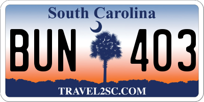 SC license plate BUN403