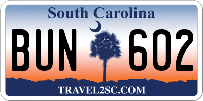 SC license plate BUN602