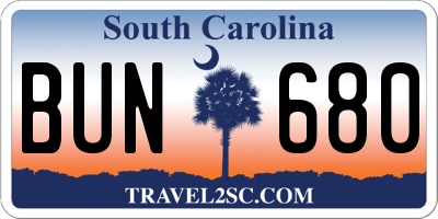 SC license plate BUN680