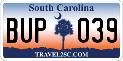 SC license plate BUP039
