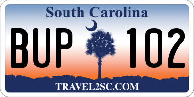 SC license plate BUP102