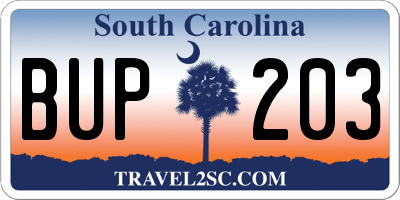 SC license plate BUP203