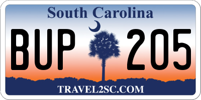 SC license plate BUP205